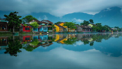 Fototapeta premium A row of colorful houses reflecting perfectly in the calm water, creating a picturesque and serene landscape, ideal for capturing the beauty of a tranquil village
