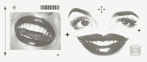 Grunge grain eyes and mouths with retro photocopy effect Y2K. Pop art design. Vector illustration for T-shirt prints, collage designs, banner, posters.