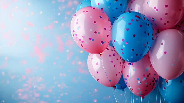 Holiday festive birthday party background with pink and blue air balloons, confetti, copy space, slow motion footage