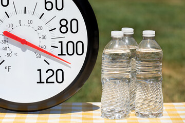 Outdoor thermometer with water bottles in the sun during heatwave. Hot weather, high temperature and dehydration concept.