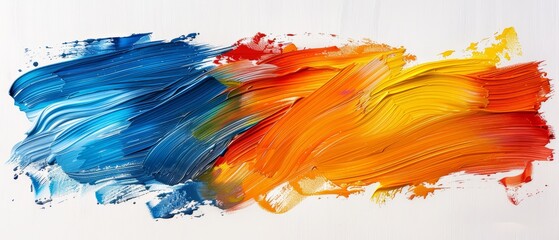 Abstract paint strokes in blue, orange and yellow.