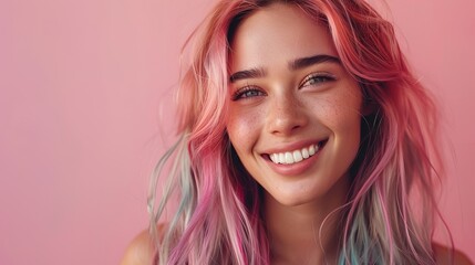 Fototapeta premium Beautiful korean woman smilling white teeth, 25 year old, rainbow hair and isolated background, trendy costume