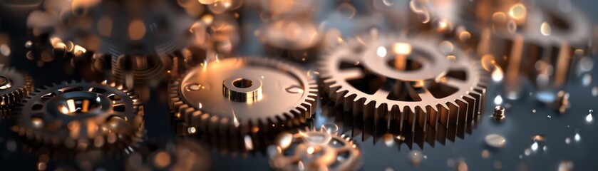 Close-up of metallic gears and cogs in a mechanical setting, showcasing intricate details and industrial precision.