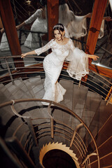A woman in a wedding dress is standing on a spiral staircase. She is wearing a veil and a tiara