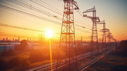 Vibrant sunset at power substation with switchgear and towers, symbolizing energy distribution