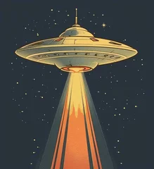 Fotobehang Retro style illustration of a UFO flying in space with a glowing beam © Georgii