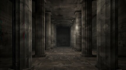 Obraz premium Ancient dark stone corridor with tall columns, mysterious and eerie atmosphere, perfect for historical, fantasy, or horror themes.
