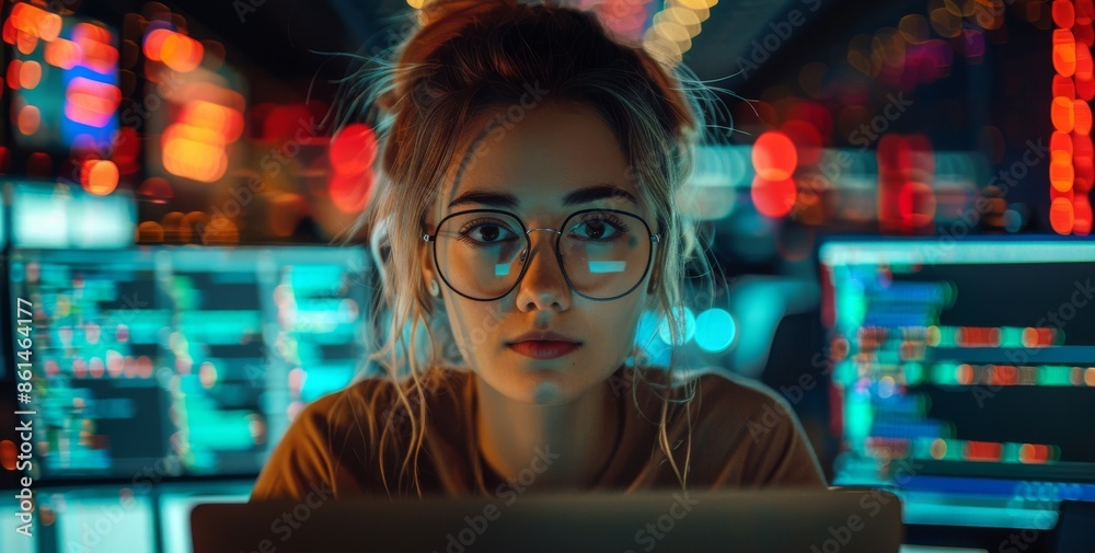 Poster focused female software developer coding on laptop with colorful bokeh lights in the background