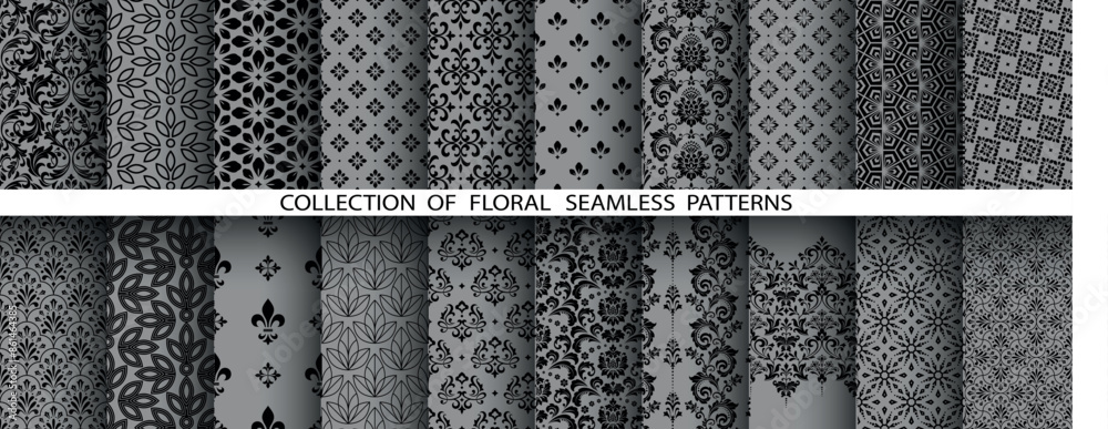 Wall mural Geometric floral set of seamless patterns. Gray and black vector backgrounds. Damask graphic ornaments