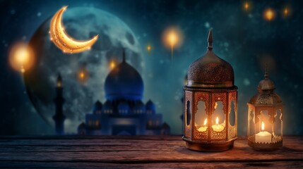 Obraz premium An enchanting night scene featuring illuminated lanterns, a crescent moon, and a starry sky, perfectly blending traditional design and fantasy elements.