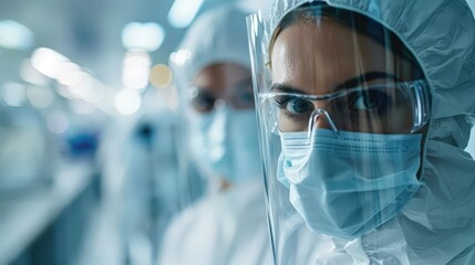 Close-up of medical professionals wearing protective gear, including masks and face shields, in a high-tech laboratory setting.