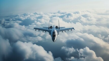 photo of a fighter jet above the cloudy sky of an urban area