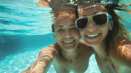 Underwater portrait of mother daughter in swimming pool.