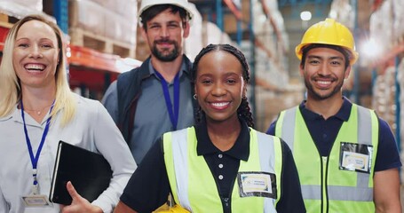 Warehouse, logistics and employees in portrait for teamwork, stock management and delivery service. Factory, manufacturing and supplier team with smile, pride and solidarity for collaboration