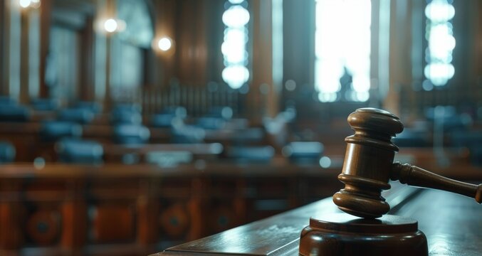 Close-up of gavel in courtroom representing justice and law