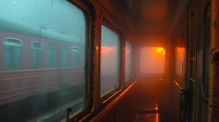 Fototapeta premium The fog slowly reveals glimpses of the world around adding to the anticipation of the train journey.