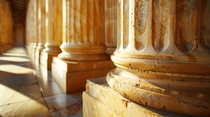 A close-up of ancient stone columns illuminated by warm sunlight.