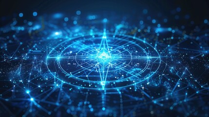 Glowing Blue Compass in a Network of Lines