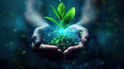 Hands Holding a Young Plant in a Network of Light