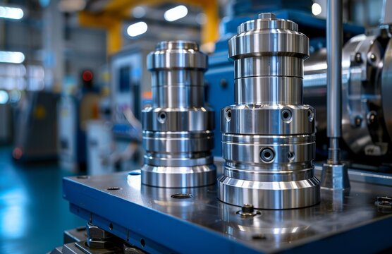 Closeup of industrial machine components in a modern factory setting