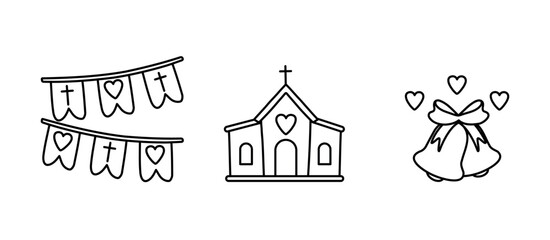 Church for the wedding ceremony, Bells with hearts, Flags on the wedding party

