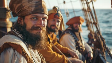 Obraz premium Portrait of medieval ship crew of a vintage sail ship in sea.