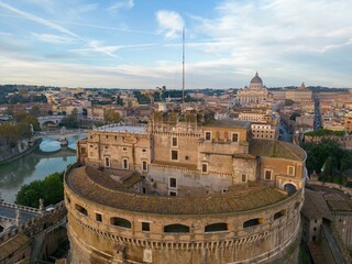 Close Up Aerial View of Castel Sant'Angelo with St. Peter's Basilica in Background