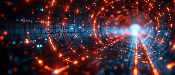 Binary code tunnel with glowing red particles, data network hacking