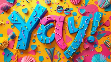 Obraz premium Bright colorful background with word Yay! in center surrounded by various shapes patterns,