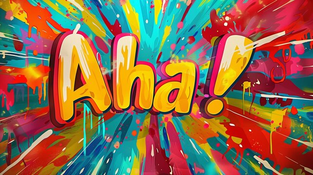 Aha! text moment depicted vibrant colorful background, realization insight discovery