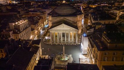 Birds Eye View Above Piazza della Rotonda, Temple of Pantheon in Historic Rome, Italy. Night