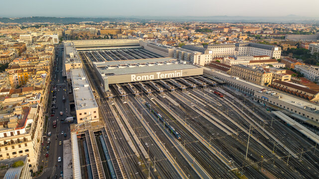 Roma Termini Train Station in Downtown Rome, Italy. Aerial Drone Shot