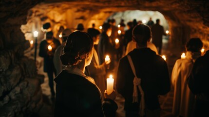 Abandoned catacombs, people with candles, wide shot, eerie glow, historical and haunting, secret society