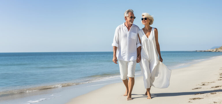 happy mature caucasian couple walking together enjoying summer vacation, holiday at beach. Generative AI