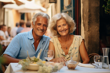 happy mature caucasian couple walking together enjoying summer vacation, at a restaurant, Generative AI