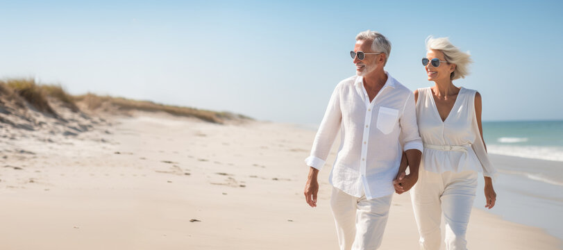 happy mature caucasian couple walking together enjoying summer vacation, holiday at beach. Generative AI