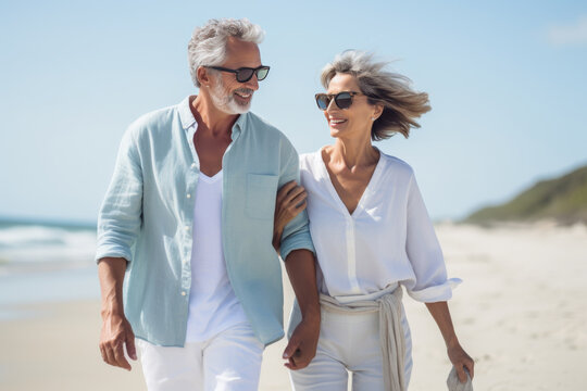 happy mature caucasian couple walking together enjoying summer vacation, holiday at beach. Generative AI