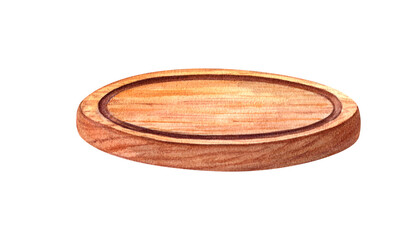 Round wooden chopping board in side view. Tray for cutting or serving food. Polished brown Pizza Plate. Kitchen tableware. Watercolor illustration. For kitchenware in digital or print media