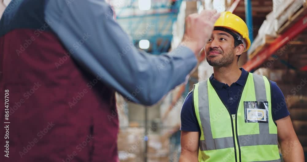 Wall mural Man, logistic and talking with handshake in warehouse, engineer and agreement for partnership or shipping company. Professional, employee and industrial business, welcome and introduction or teamwork