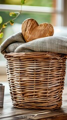 Fototapeta premium Wooden heart in a wicker basket on a wooden table, symbolizing love and warmth, vibrant and serene indoor photography