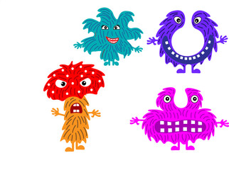 funny cute colorful monsters with big open mouths and different emotions on a transparent background Isolated. Vector illustration