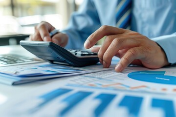 Fototapeta premium Man pressing calculator close up. Desk with diagram, graph, finance. Investment, accounting, calculating tax, corporate financial company report. Person checking bills, bank account balance, expenses
