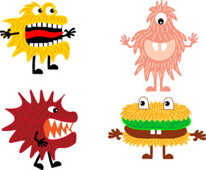 funny cute colorful monsters with big open mouths and different emotions on a transparent background Isolated. Vector illustration