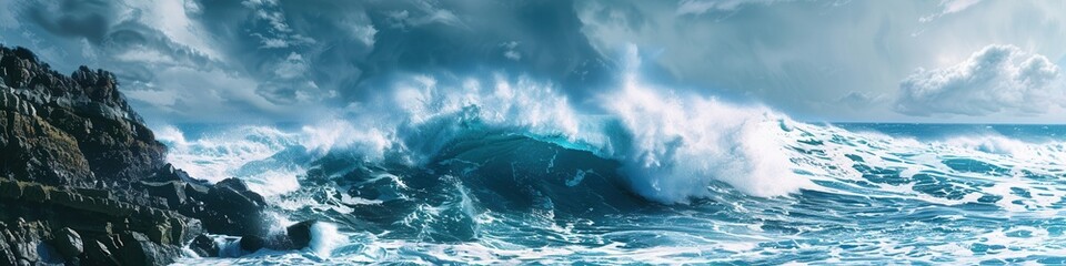 Naklejka premium A dramatic scene of powerful ocean waves crashing against picturesque rocks, creating a captivating and dynamic image perfect for surf schools and adventure tourism companies. Generative AI