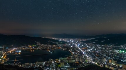 A city lights up the night under a starry sky