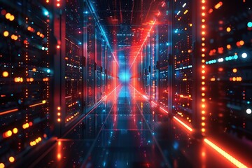 A high-tech data center featuring vibrant neon lights and advanced server racks, showcasing modern technology and digital infrastructure.