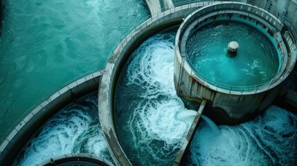 High-angle shot of a water treatment facility showcasing circular tanks and dynamic water flow, highlighting modern infrastructure and environmental engineering.