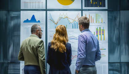 Three professionals stand in front of a wall covered with colorful charts and graphs, collaborating and discussing data in a modern business environment