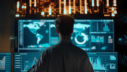 A man stands in front of multiple large screens displaying global data, maps, and charts, analyzing complex information in a high-tech control center