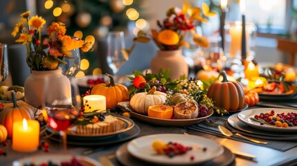 Naklejka premium A table with a lot of food and decorations, including a vase with flowers